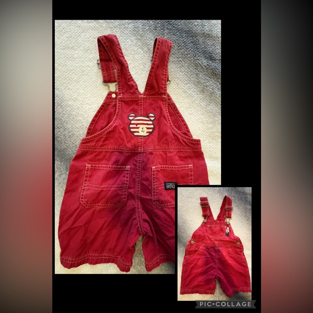 (B5) Vintage Carter's Red Denim Bear Embroidered Patch Toddler Overalls‎ 18-24 M